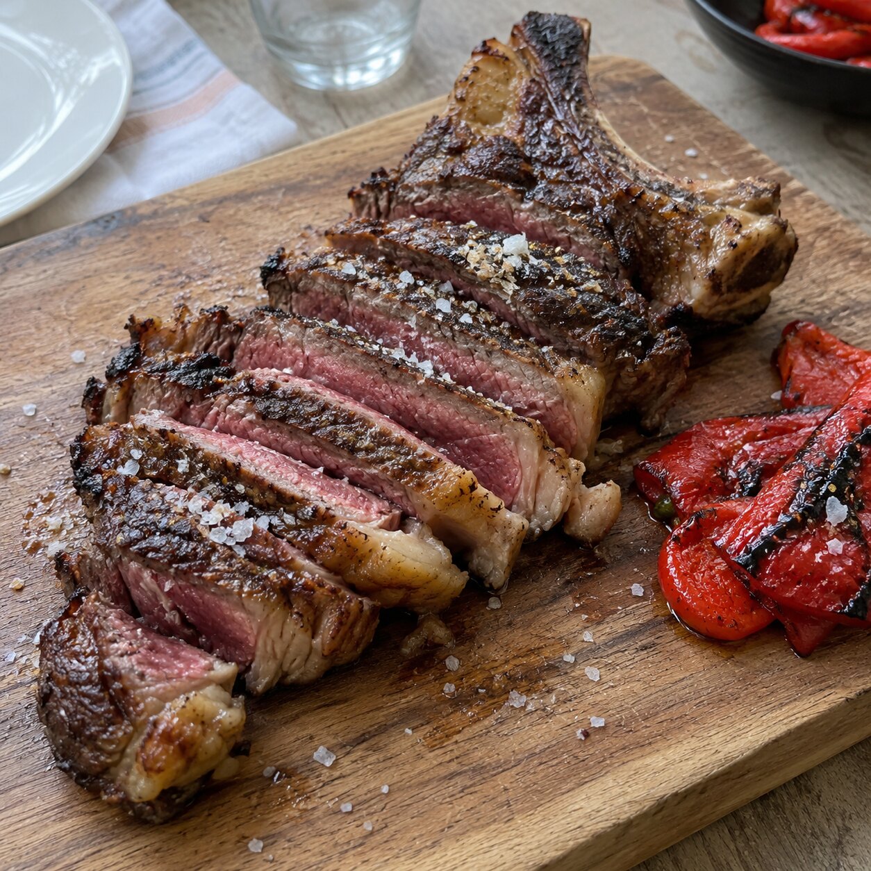 Chuletón carved on a board with roast red peppers