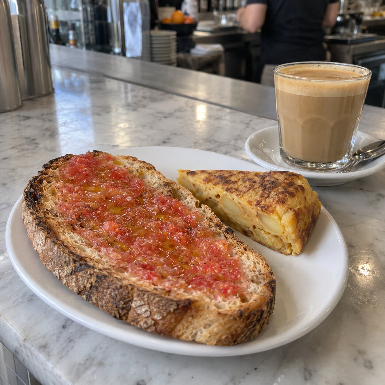 Tostada with tomato, a tortilla pintxo and a café con leche on a marble counter