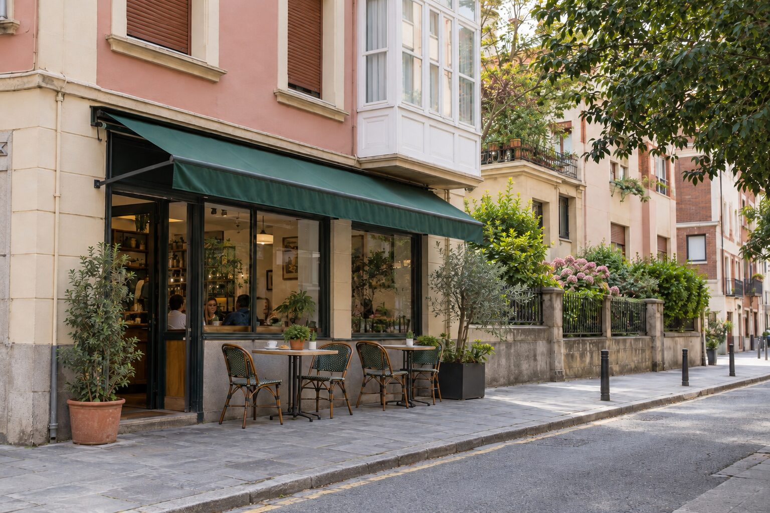 Terrace tables under the awning